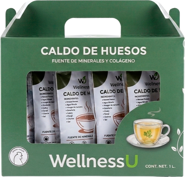 Caja de Caldos WellnessU — presentación de 1 litro con 5 empaques